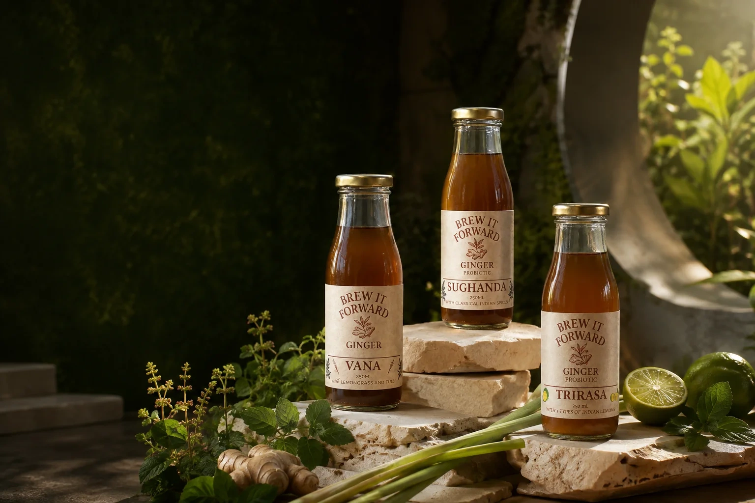 The three Brew It Forward flavours on sunlit stone, surrounded by ginger, tulsi and fresh citrus
